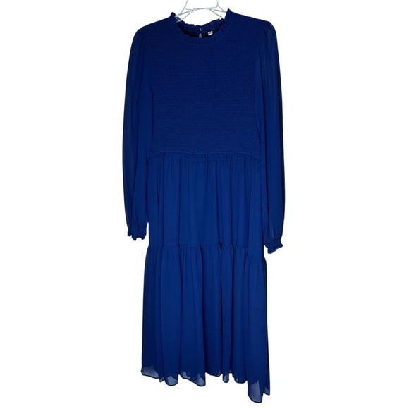 Dresses & Skirts - Smocked Tiered Long Sleeve Sheer Overlay Midi Dress XL Modest Cottagecore Blue